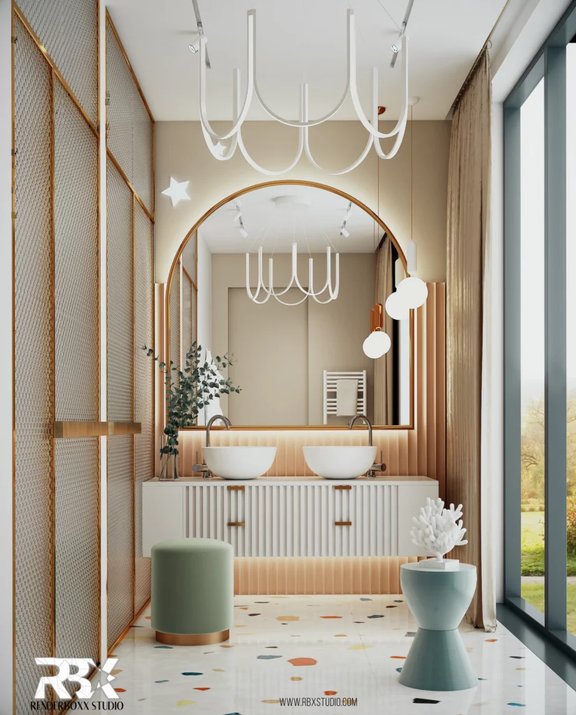 White bathroom interior design by renderboxx studio