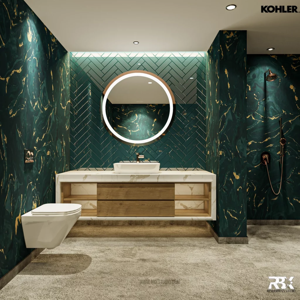 Modren Bathroom design with blue texture with LED mirror