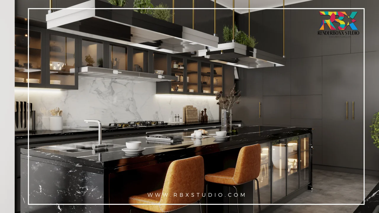 home kitchen interior design with black dark color