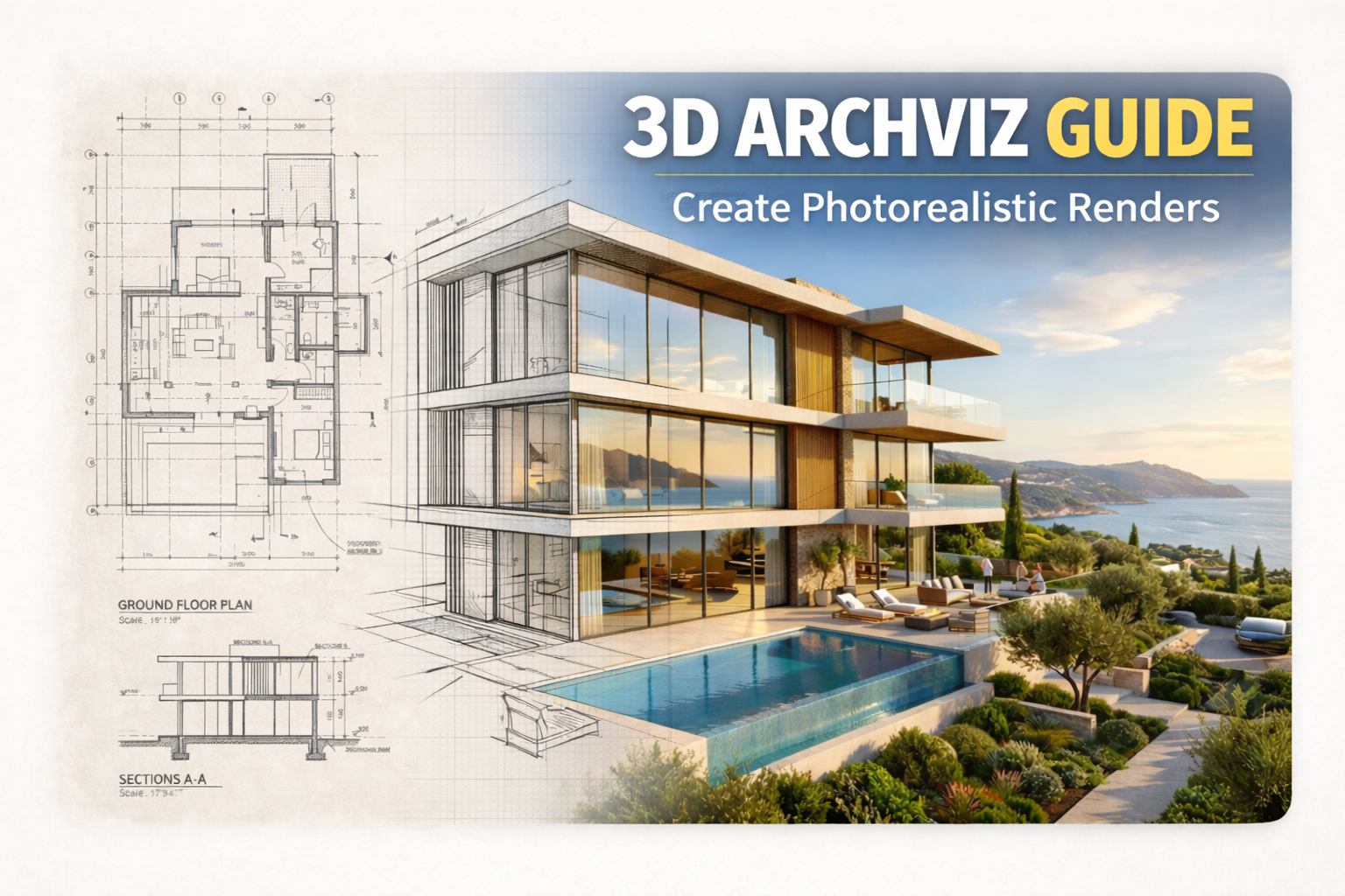3D architectural visualization by RenderBoxx Studio showing blueprint floor plans transforming into a photorealistic modern luxury villa render with infinity pool and ocean view."