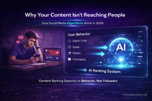 Frustrated content creator looking at low engagement on phone while AI-powered social media algorithm analyzes user behavior like watch time, saves, and shares to rank content in 2026