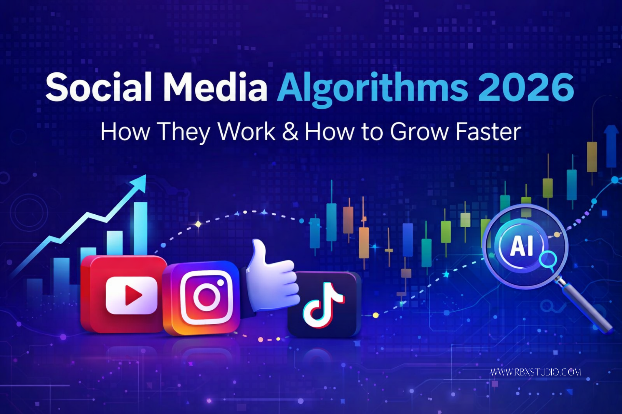 Social media algorithms 2026 illustration with Instagram, YouTube and TikTok icons, growth analytics and AI concept – RBX Studio digital marketing guide